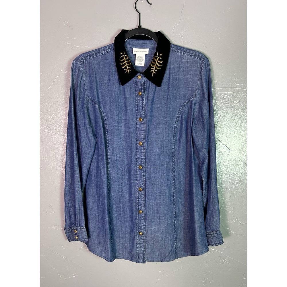 Soft Surroundings blue chambray shirt Velvet Collar Gold Embroidery S Tencel